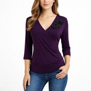 AB Studio Y2K Purple Wrap Neck 3/4 Sleeve Embellished Top Size M Whimsigoth